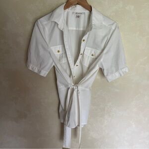 JM Collection White Casual Button Down Shirt with gold buttons and belt tie
